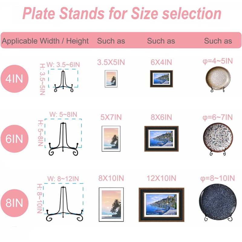 Set of 6 Black Iron Plate Stands for Display - 4, 6 & 8 Inch Decorative Metal Holders