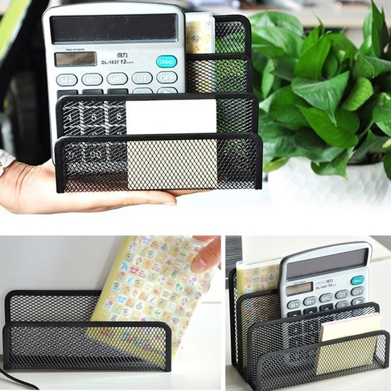 Small Metal Mesh Desk File Organizer with 3 Compartments - Black