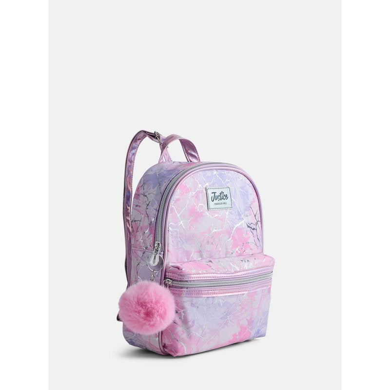 Girls Mini Backpack with Allover Prints & Adjustable Straps - Pink, Purple, Silver, Plaid Variants