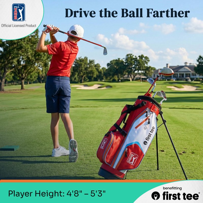 PGA TOUR x First Tee 7-Piece Junior Golf Club Set - Right-Handed, 4'8"–5'3", Red (With Stand Bag) - Variation: Right-Handed, Red - Heights 4'8" to 5'3"