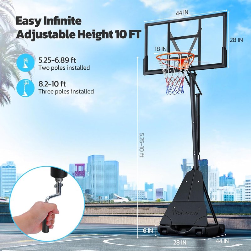 Portable Basketball Hoop System with Adjustable Height 5.25-10FT, Shatterproof Backboard