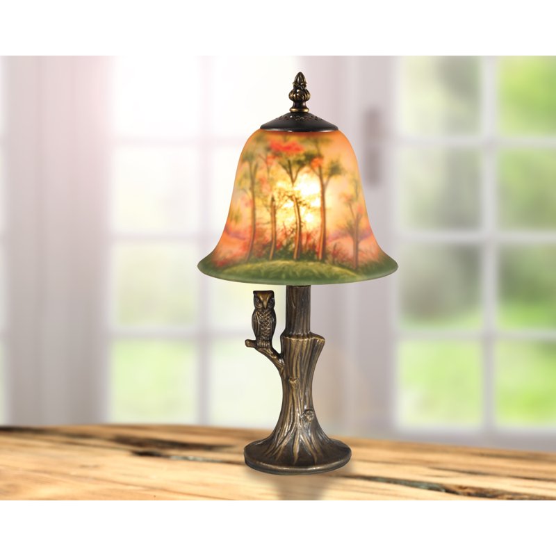 Dale Tiffany Hand Painted Owl Accent Lamp - Antique Brass Glass Shade