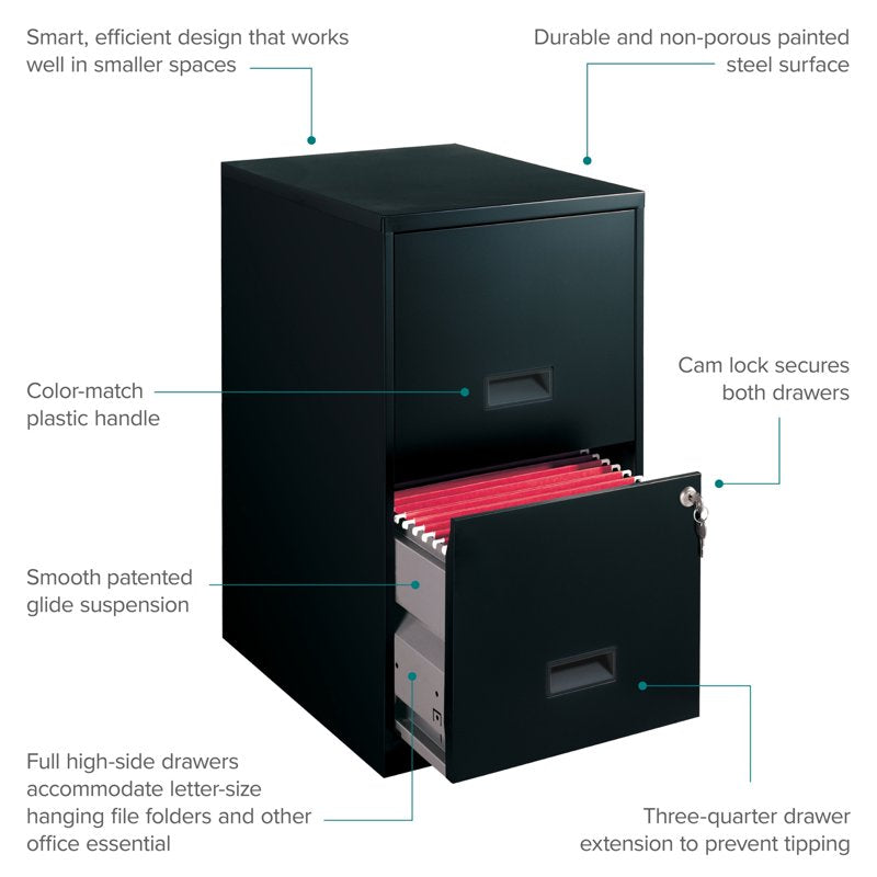 18-Inch Deep 2-Drawer Letter Size Metal File Cabinet - Black, Lockable, Fully Assembled