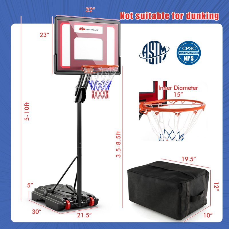 Portable Adjustable Basketball Hoop System 5-10 FT with Base & Wheels