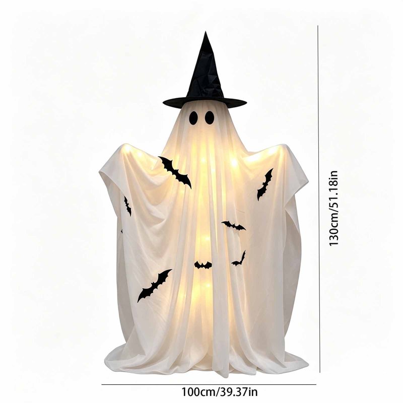 50-Inch Spooky Ghost Halloween Yard Decoration with Detachable Witch Hat, LED Lights, Remote & Easy Setup