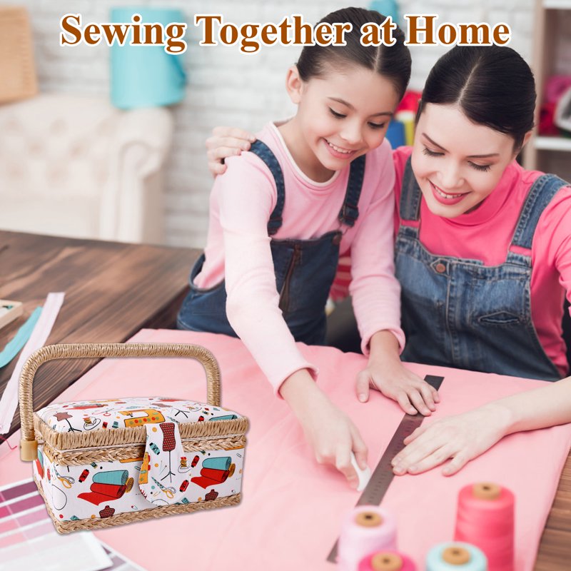 Portable Wooden Sewing Basket with Removable Tray & Accessories