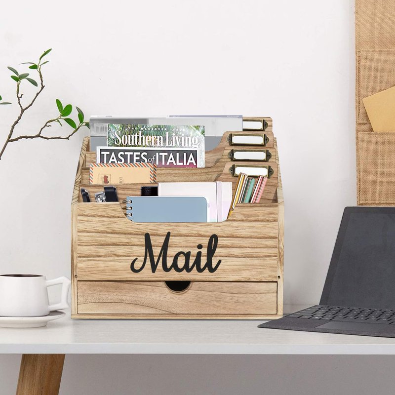 Wood Desktop Mail Organizer with 4 Large Compartments and Drawer – Rustic Office Desk Storage