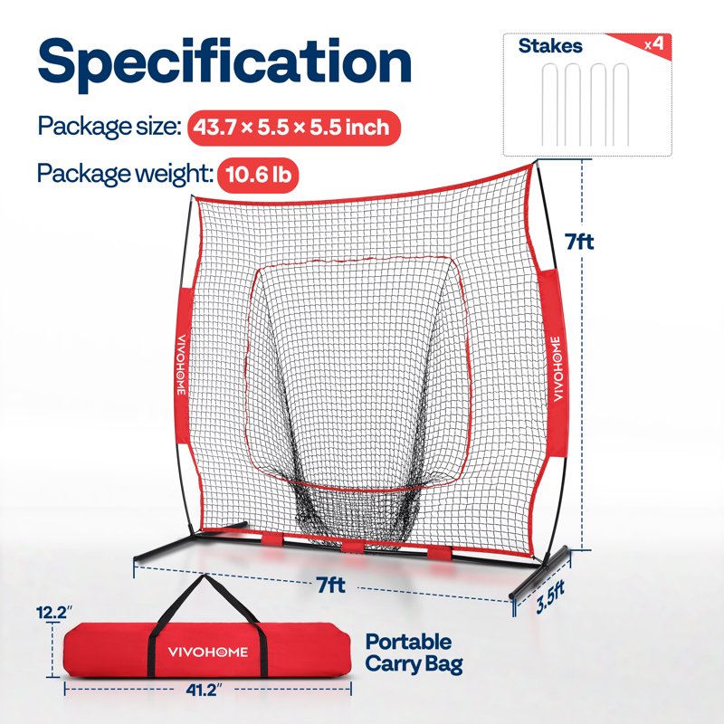 7 x 7 Ft Baseball Softball Practice Net with Carry Bag & Ground Nails