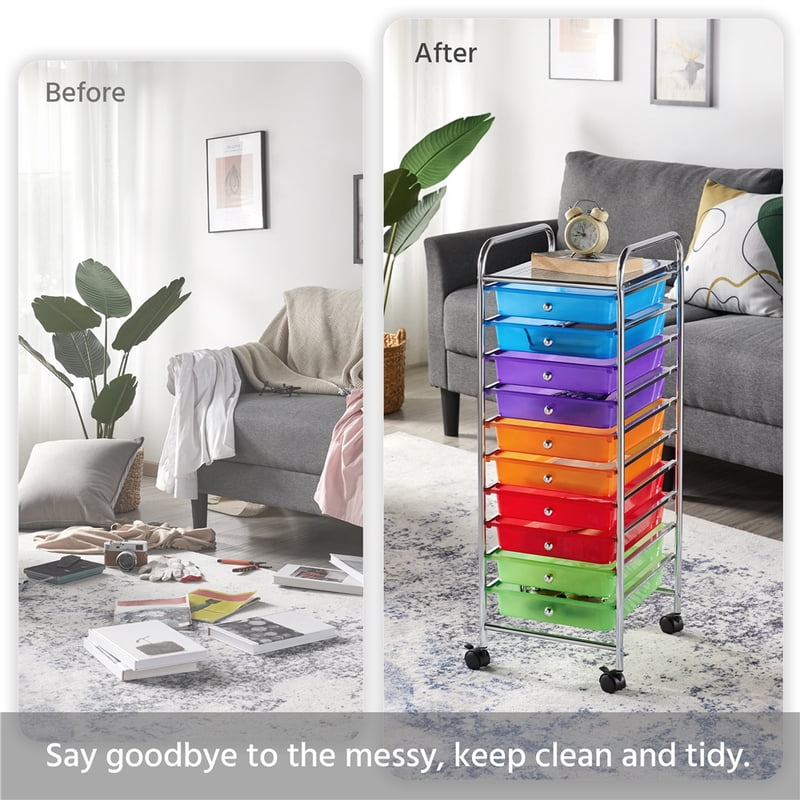 Multi-Color 10-Drawer Plastic & Metal Storage Cart with Lockable Wheels