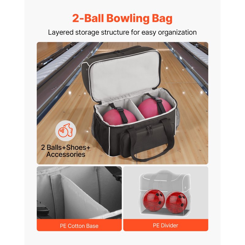 Bowling Ball Bag with Wheels Holds 2 Balls Shoe Compartment & Accessory Pocket