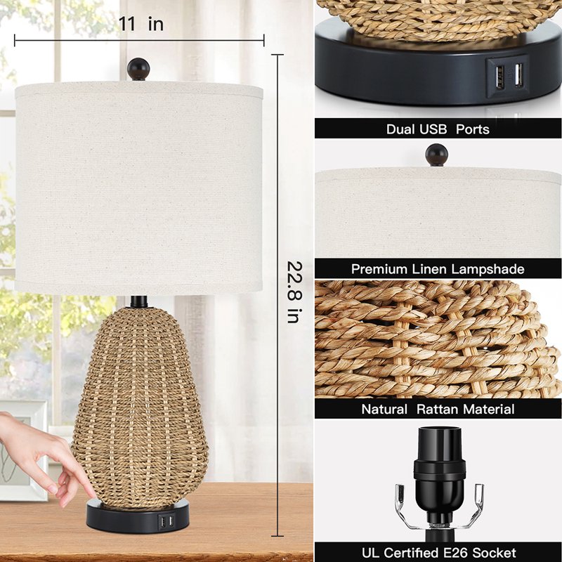 Modern Rattan Table Lamp with USB Charging Ports - Dimmable Bedside Lamp