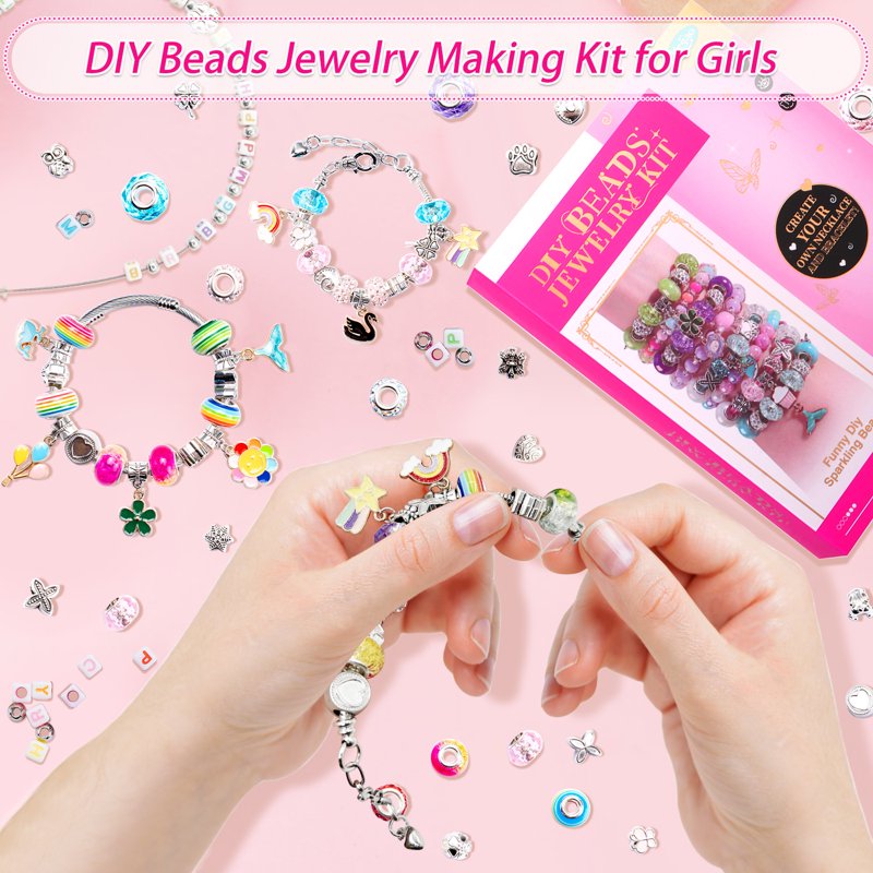 DIY Bead Jewelry Making Kit for Kids & Teens - 198 Piece Craft Set with Beads, Pendants & Tools