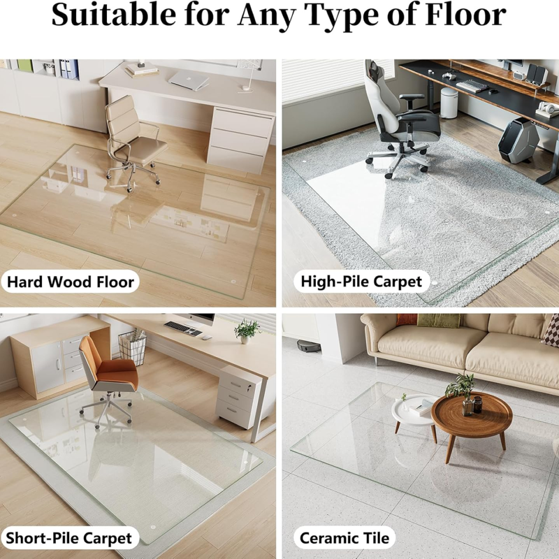 Tempered Glass Office Chair Mat for Carpet & Hardwood Floors — Clear, Protects Surfaces