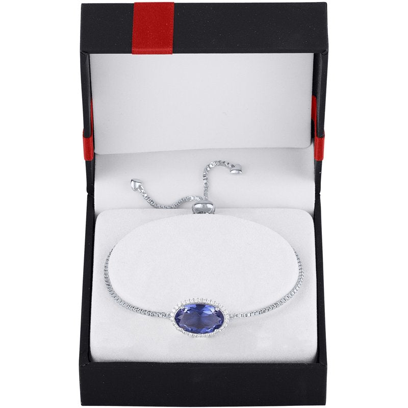 Sterling Silver Plated Tanzanite and CZ Oval Adjustable Bracelet