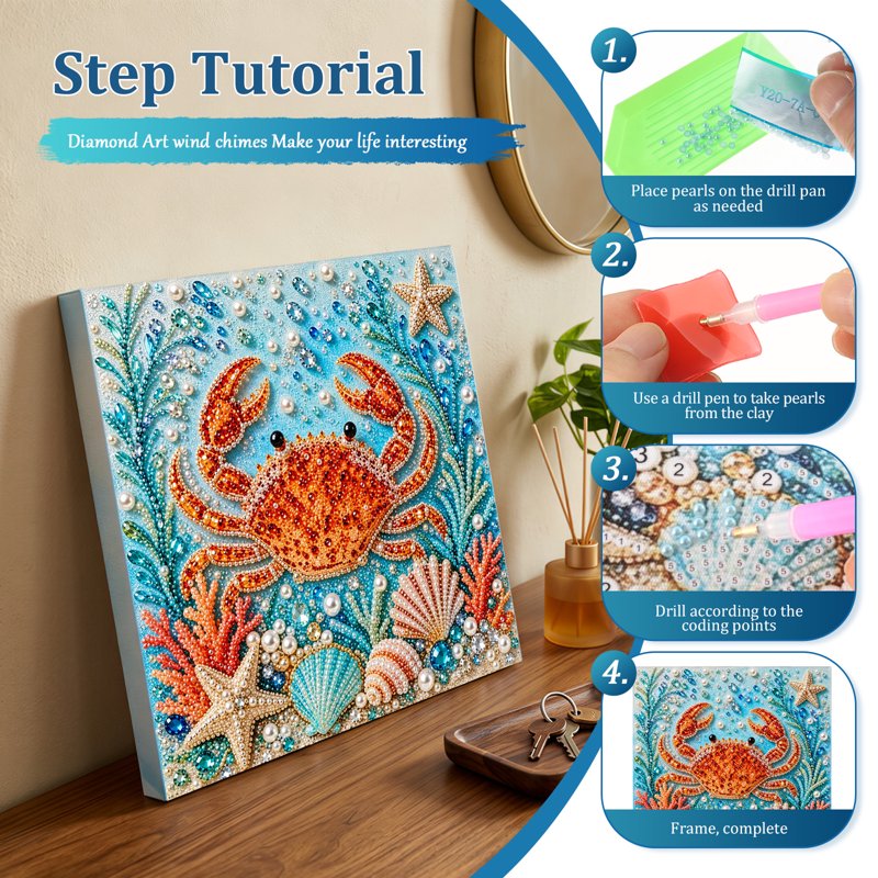 Crab Pearl Diamond Art Kit - 3D Ocean Scene, Framed 7.87x7.87 in (Variation: Crab)