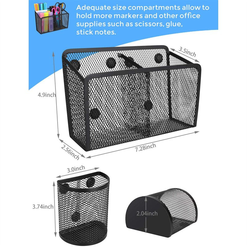 Magnetic Pen Holders Set of 3 - Metal Mesh Organizer for Fridge Whiteboard Office Desk