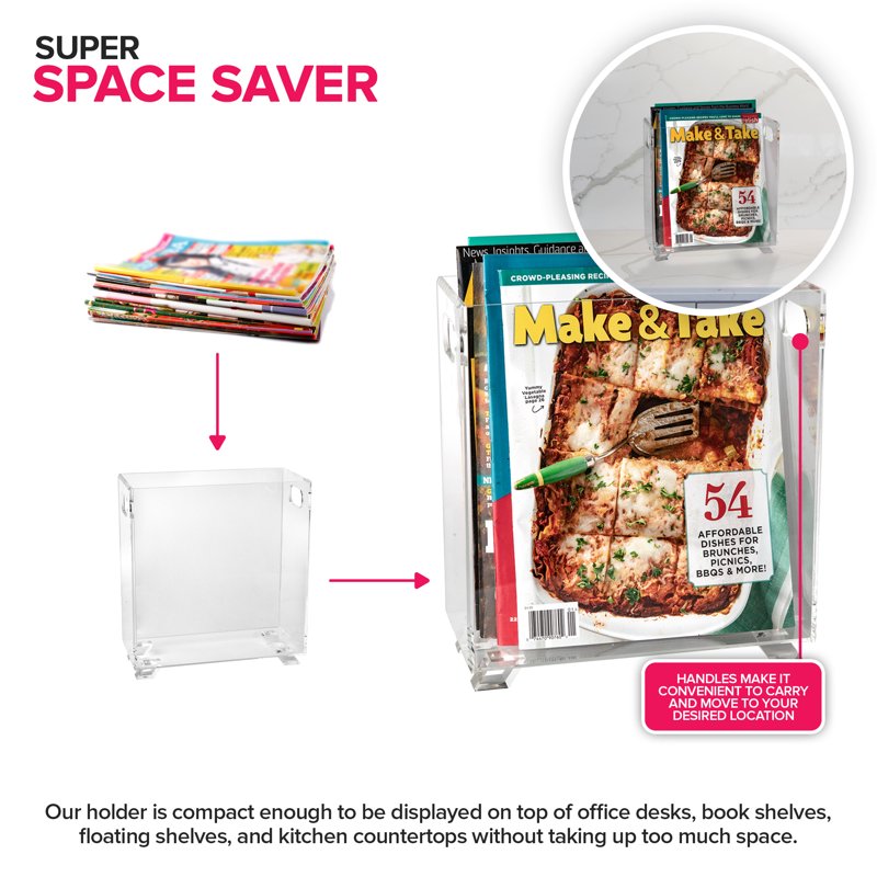 Acrylic Magazine Holder - Crystal Clear, Shatterproof, Space Saver for Office & Home
