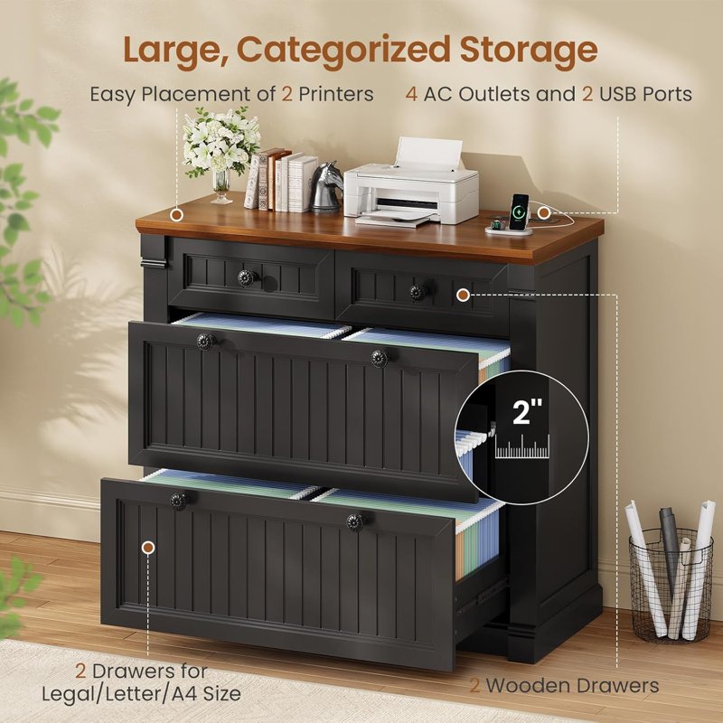 Farmhouse 4-Drawer File Cabinet with Power Outlets, Black and Brown Wood Office Storage