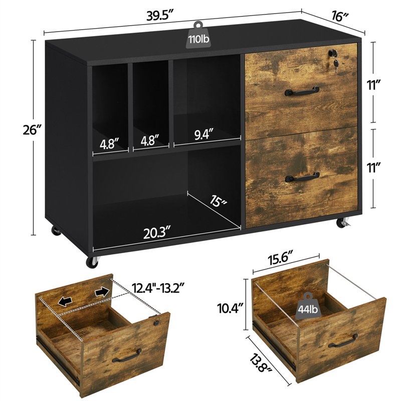 Rolling File Cabinet with 2 Drawers and Open Shelving - Rustic Brown Office Storage