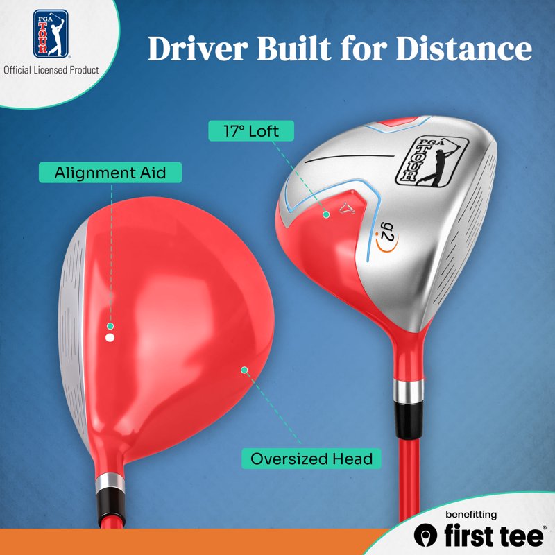 PGA TOUR x First Tee 7-Piece Junior Golf Club Set - Right-Handed, 4'8"–5'3", Red (With Stand Bag) - Variation: Right-Handed, Red - Heights 4'8" to 5'3"