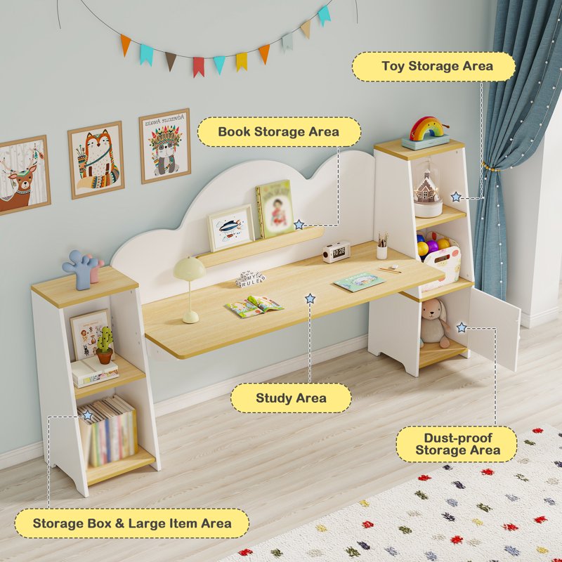 Kids Double Study Desk and Chair Set with Storage, Large Wooden Writing Table