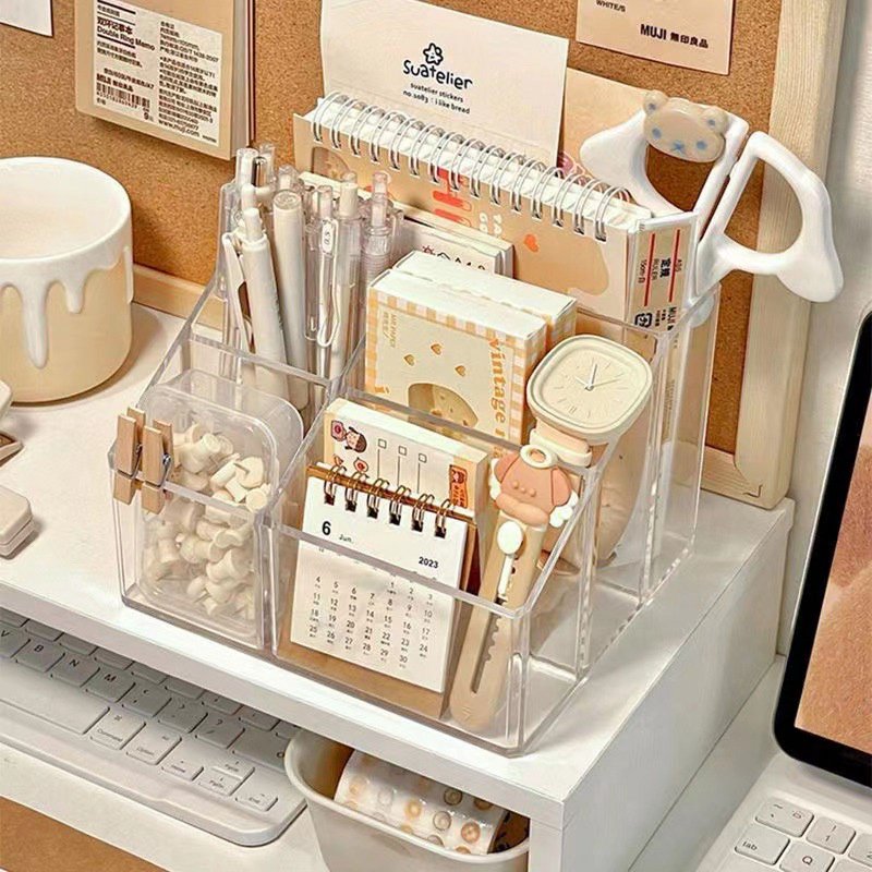 Acrylic Pen Organizer Storage Box - Translucent Desktop Office & Makeup Supplies