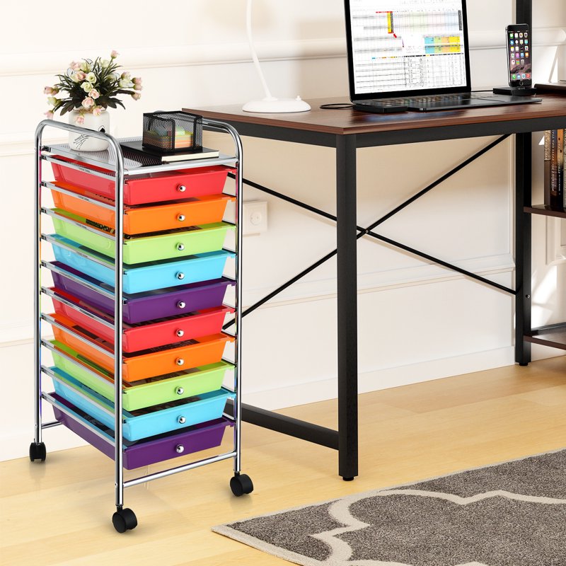 Rolling Storage Cart with 10 Colorful Drawers - Office, Home & School Organizer