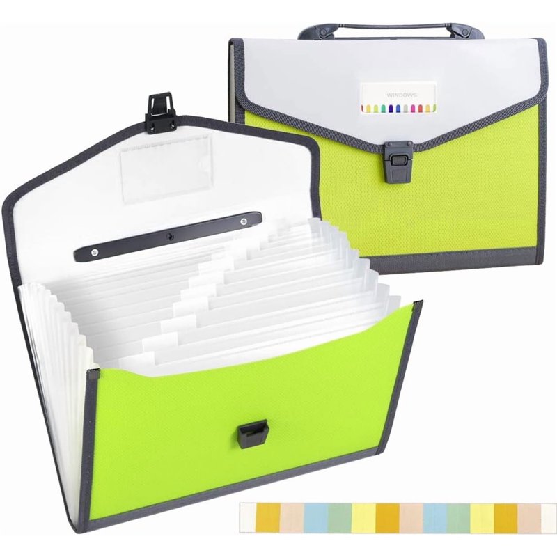 TRANBO 13-Pocket Accordion File Folder, A4/Letter Size with Handle - Green