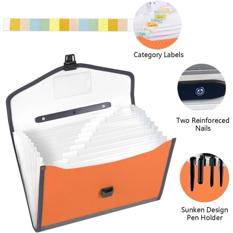 TRANBO 13-Pocket Accordion Folder with Handle, A4/Letter Size Portable Expanding File Organizer - Orange