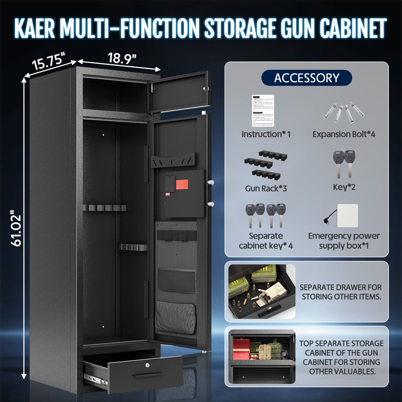 Large Gun Safe for 8-12 Rifles with Adjustable Rack, Drawer & Wall Mount