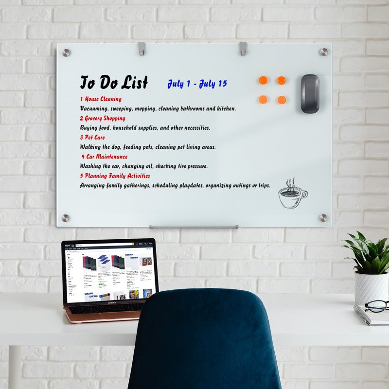 Glass Magnetic Whiteboard Frameless Wall-Mounted Dry Erase Board for Office & Home
