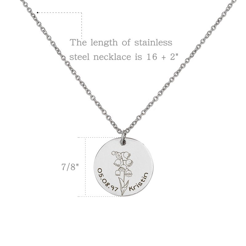 Personalized Birth Flower Necklace for Women - Engravable Charm in Silver, Gold, Rose Gold
