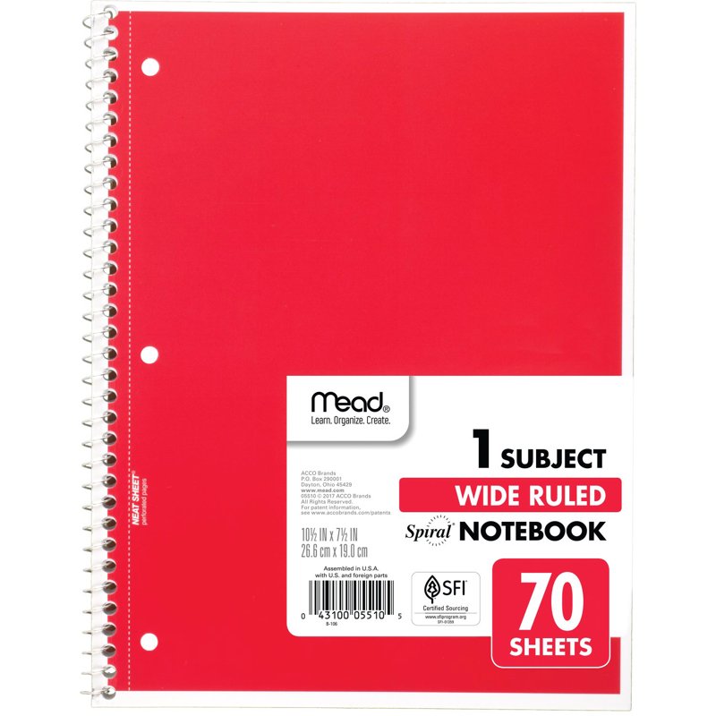 Mead 1 Subject Spiral Notebook Pack of 6 Wide Ruled, Durable 70 Sheets