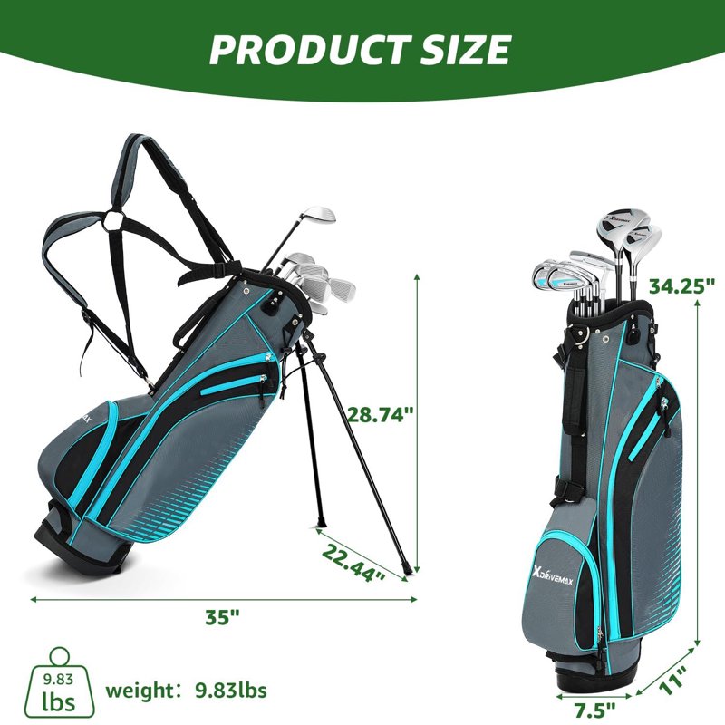 XDriveMax Left-Handed 8-Piece Women’s Golf Club Set with Stand Bag & Rain Hood - Includes Woods, Hybrids, Irons & Putter - Light Blue