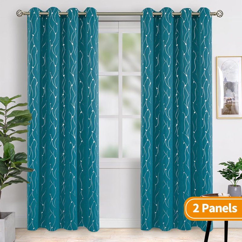Blackout Room Darkening Curtains Set - Insulated Grommet Window Panels with Wave Dots Pattern