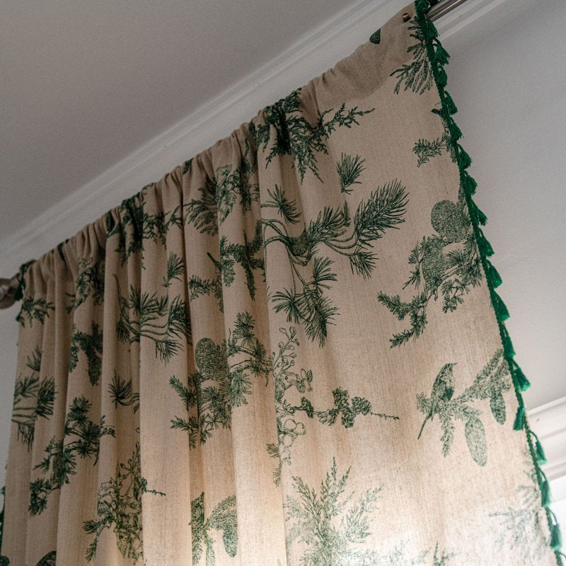 Green Pine Cone Printed Curtain - Semi Blackout Cotton Linen Home Decor
