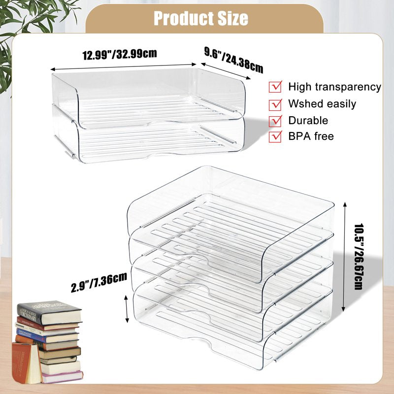Stackable Desk Organizer Trays 4 Pack Clear Office Storage Sets