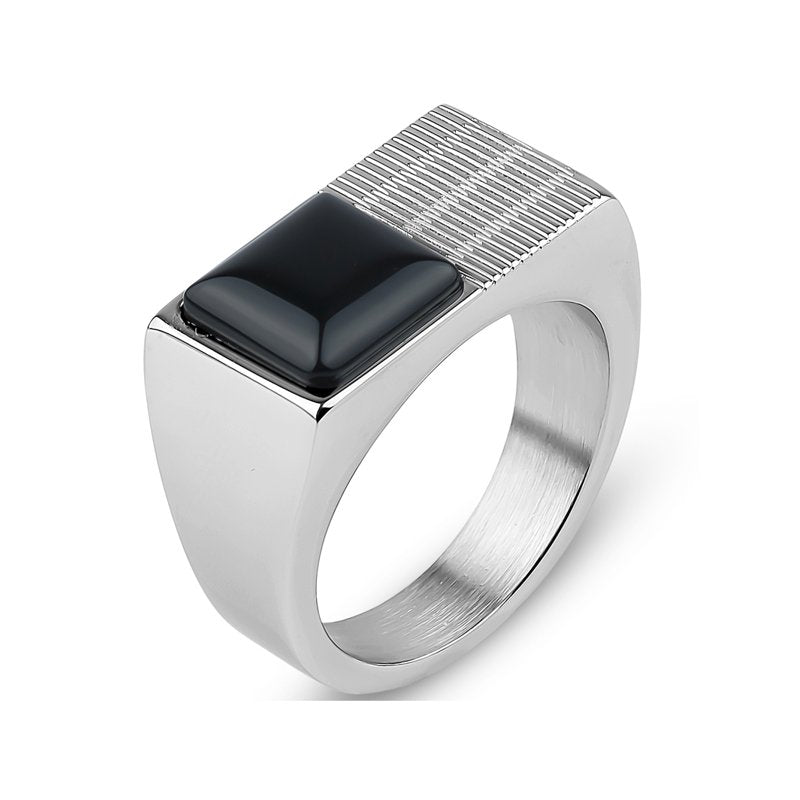 Square Onyx Textured Stainless Steel Men's Ring - Modern Jewelry