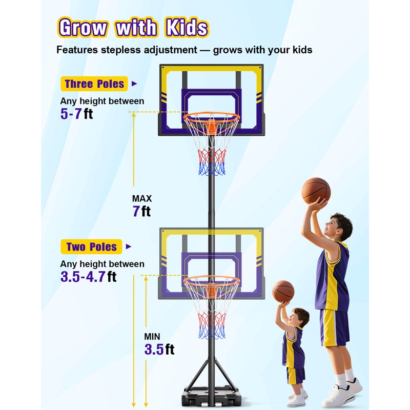 Kids Adjustable Portable Basketball Hoop 3.5-7ft Shatterproof Backboard Youth