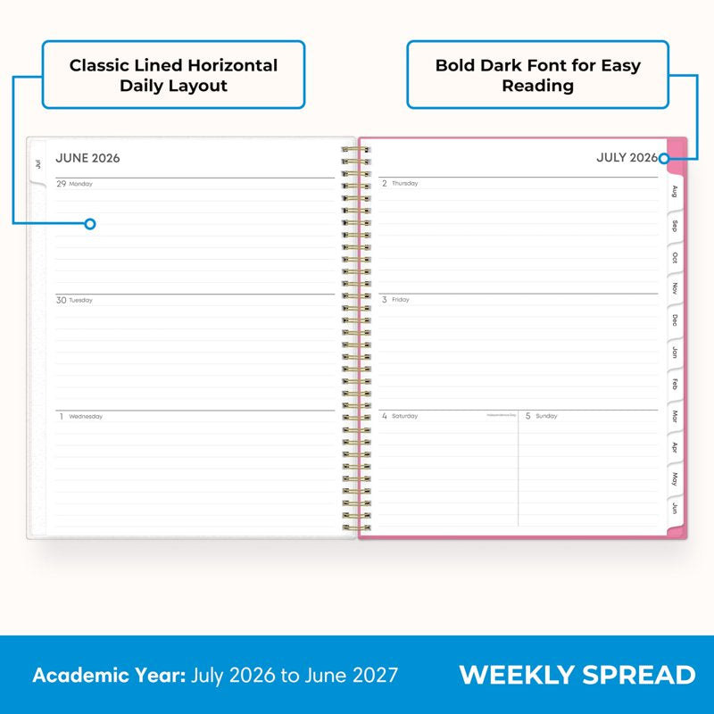 Academic Year Planner Calendar 2026-2027 Weekly and Monthly Organizer, 8.5x11, Flexible Cover, Wirebound, Storage Pocket, Laminated Tabs