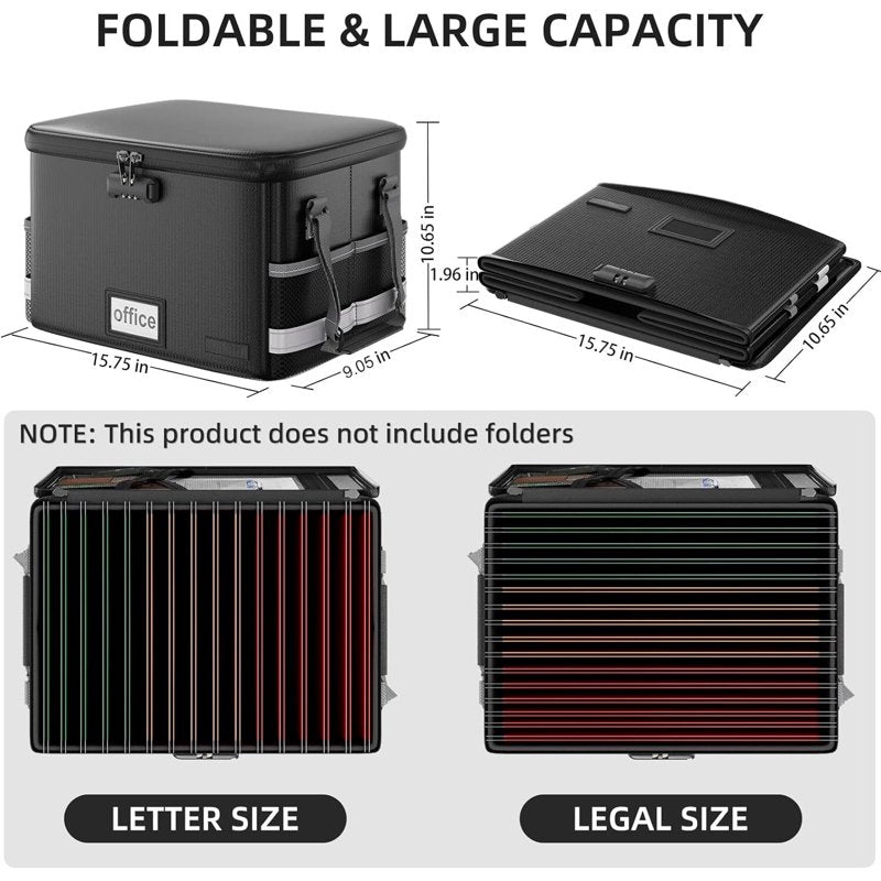 Fireproof Document Storage Box with Lock Waterproof Safe Organizer - Black