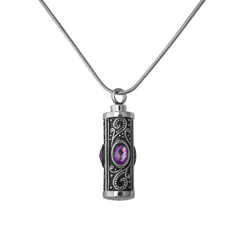 Memorial Urn Necklace with Stainless Steel Cylinder and Purple or Blue Crystal