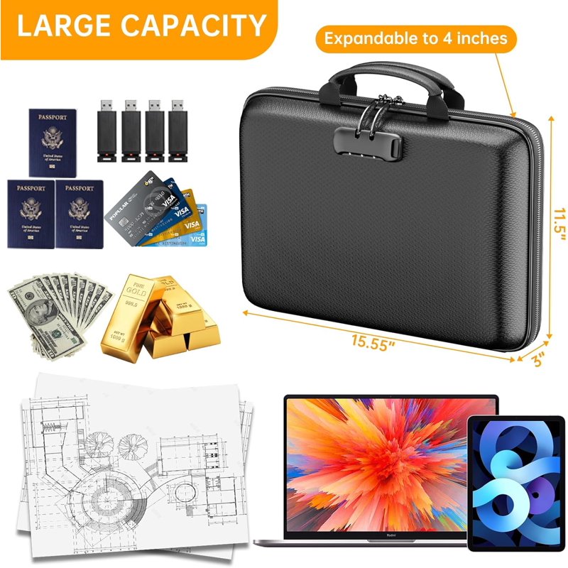 Fireproof Water-Resistant Document Organizer with Lock, 13 Pockets, Hard Shell Case