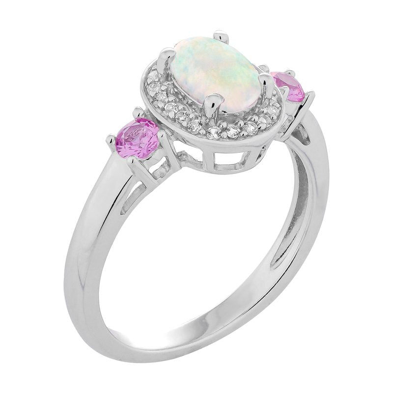 Sterling Silver Oval Sapphire Ring with Pink and White Sapphires - Hypoallergenic Jewelry