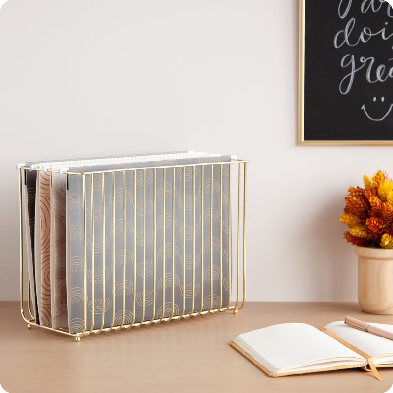 Gold Metal Hanging File Basket for Office & Home Organization - 9.2x12.4x6.1 Inches