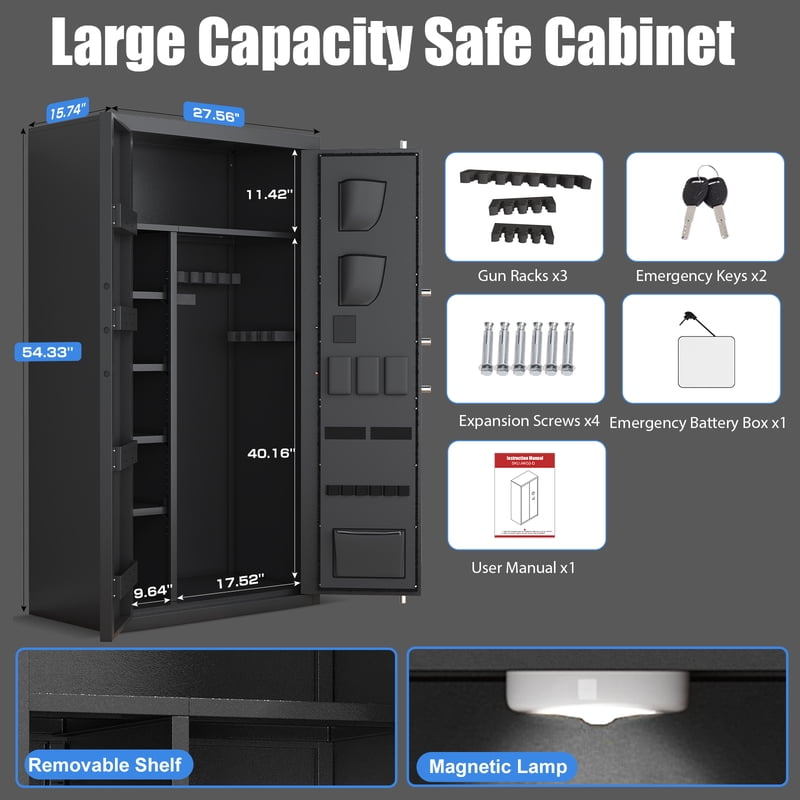Large Gun Safe 25-40 Capacity Digital Keypad Security Cabinet for Home & Office