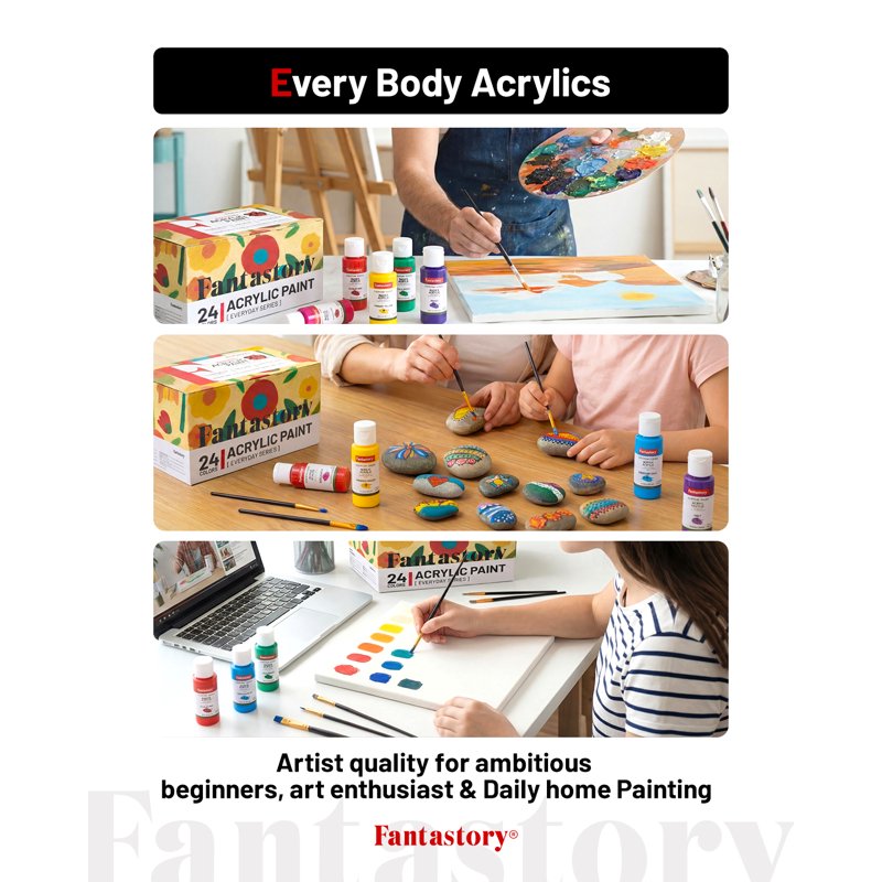 24-Color Acrylic Paint Set with 2oz Bottles and 12 Brushes for Art & Craft Projects