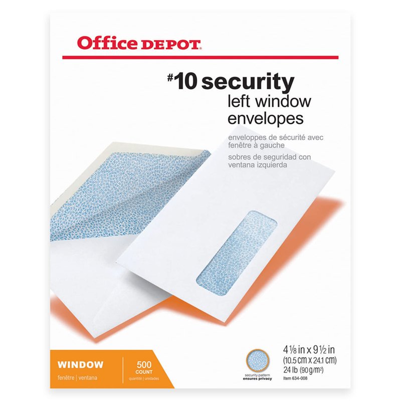 Office Depot #10 Security Window Envelopes 4 1/8 x 9 1/2 Inches White Box of 500