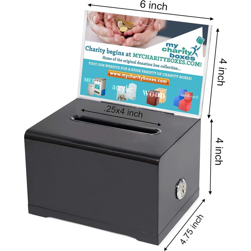 Donation Collection Box with Lock and Keys - Black Acrylic Ballot Box, 6.25 x 4.75 inches
