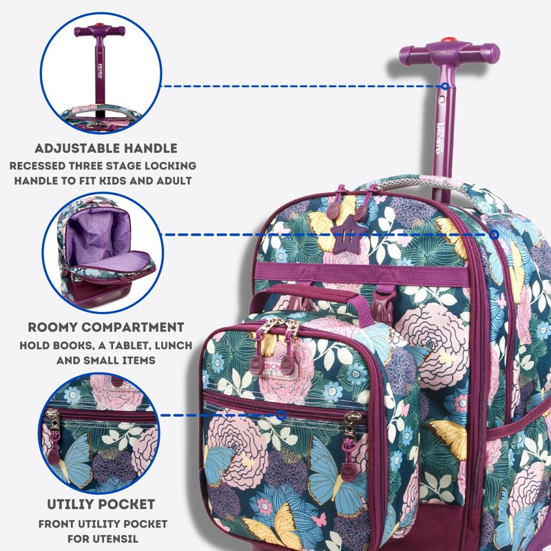 Kids Rolling Backpack with Detachable Lunch Bag - School & Travel